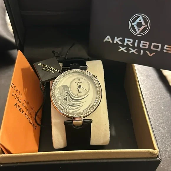 AKRIBOS XXIV BEAUTIFUL SHINY BLACK WATCH with unique sparkly  display picture 2